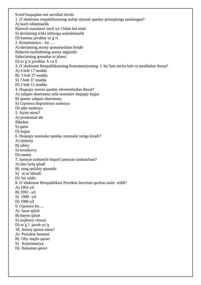 Huquq test savollari 1