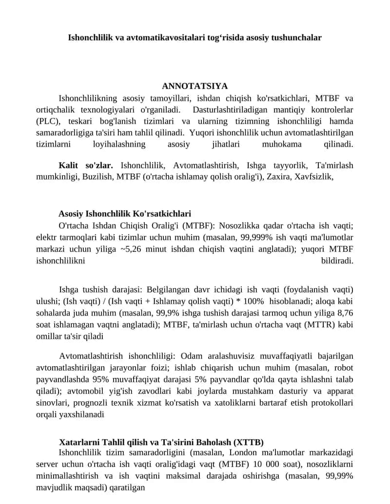 Ishonchlilik va avtomatikavositalari 1