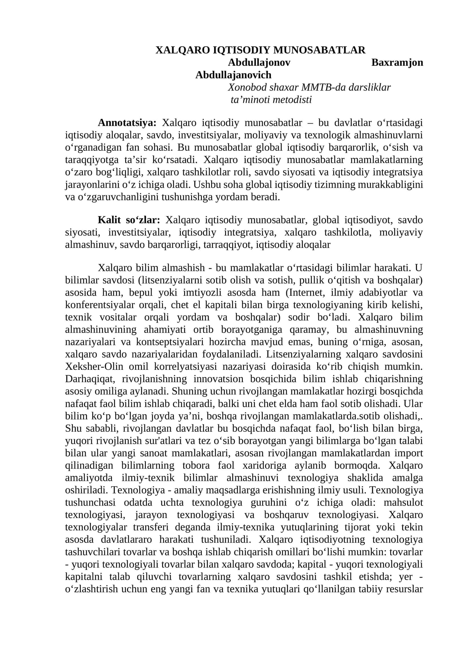 Xalqaro IQTISODIY MUNOSABATLAR 1