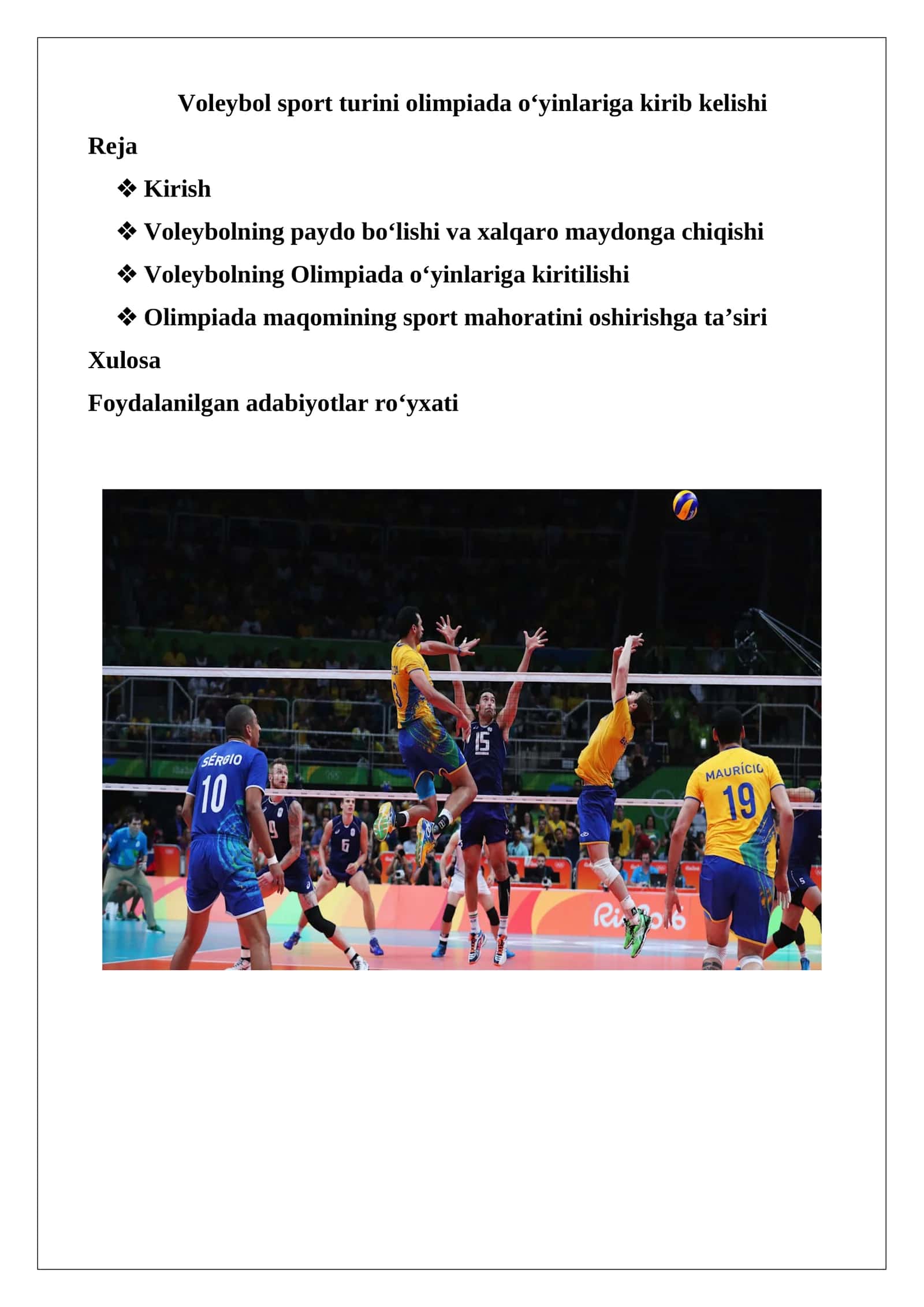 Voleybol sport turini olimpiada o‘yinlariga kirib kelishi 1
