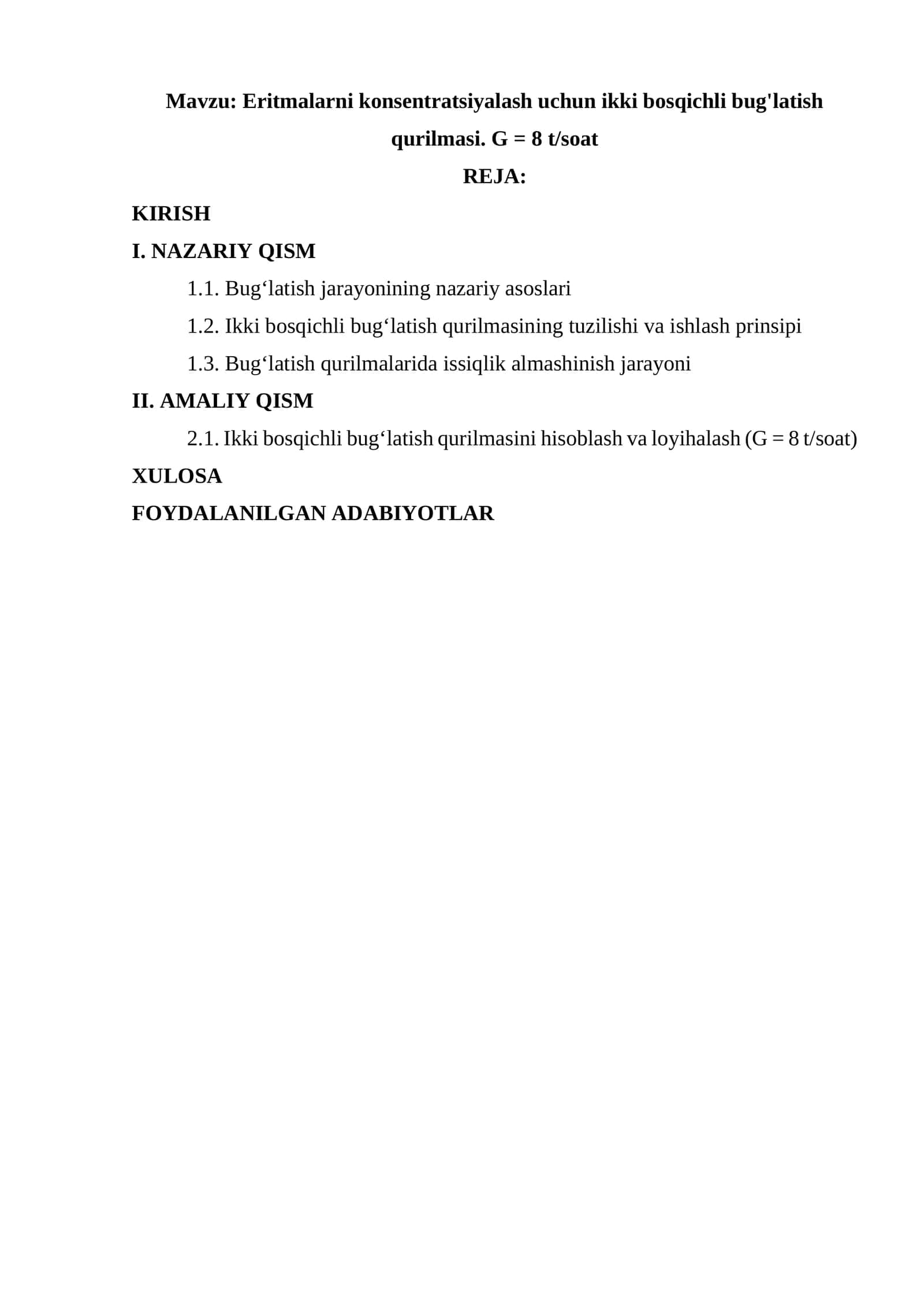Eritmalarni konsentratsiyalash uchun ikki bosqichli bug'latish qurilmasi. G = 8 t/soat 1