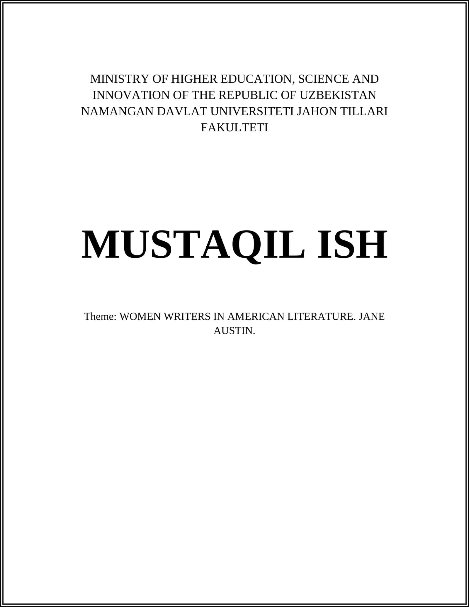Theme: WOMEN WRITERS IN AMERICAN LITERATURE. JANE AUSTIN 1