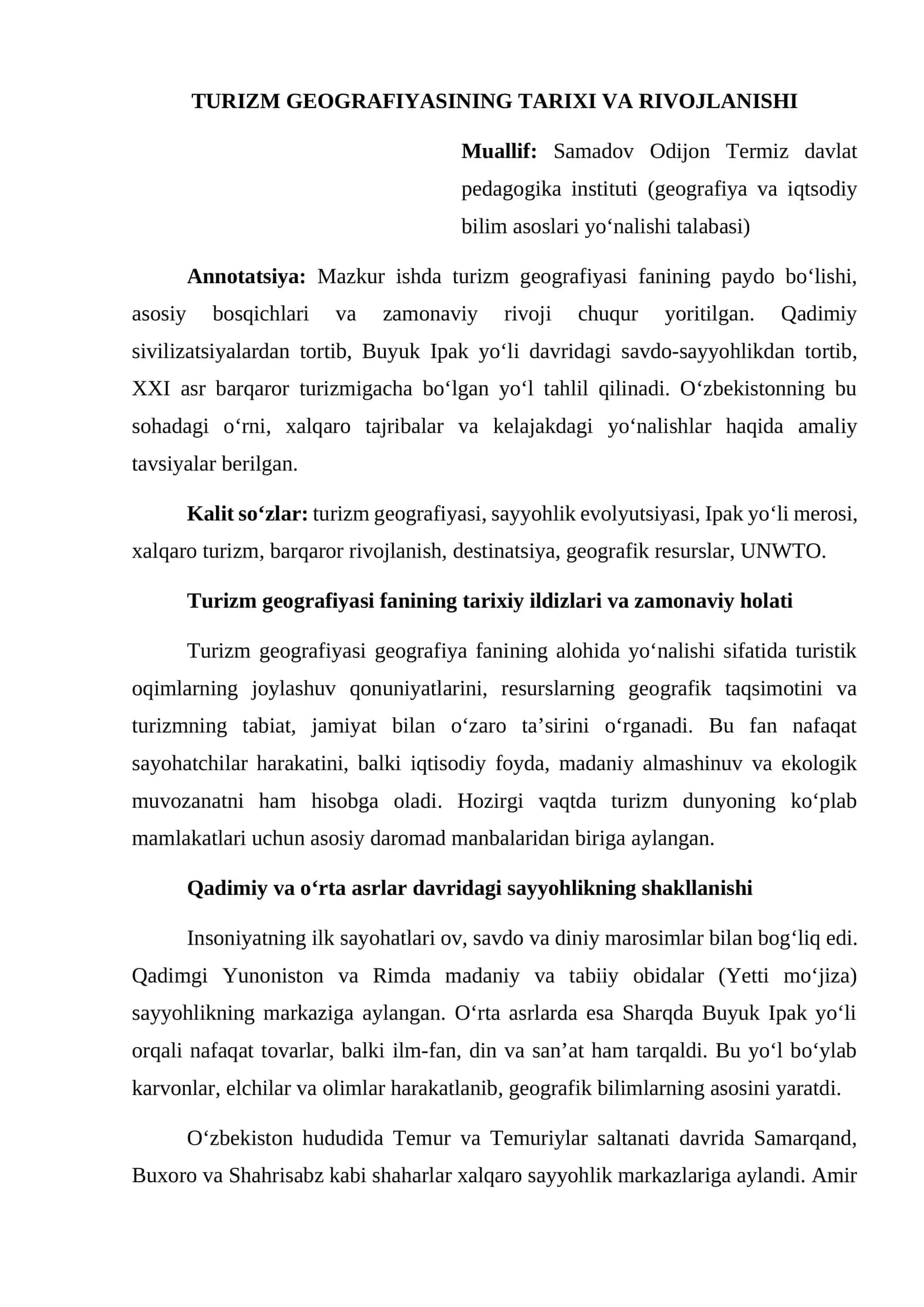 TURIZM GEOGRAFIYASINING TARIXI VA RIVOJLANISHI 1