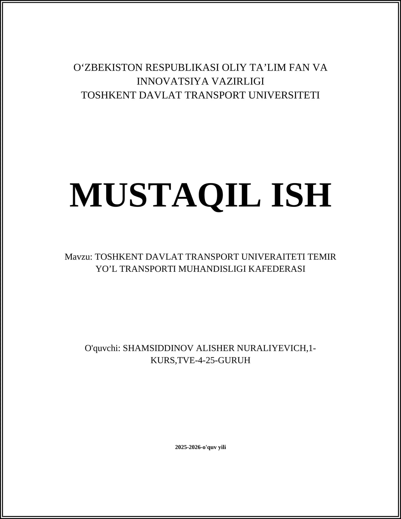 TOSHKENT DAVLAT TRANSPORT UNIVERAITETI TEMIR YO’L TRANSPORTI MUHANDISLIGI KAFEDERASI 1