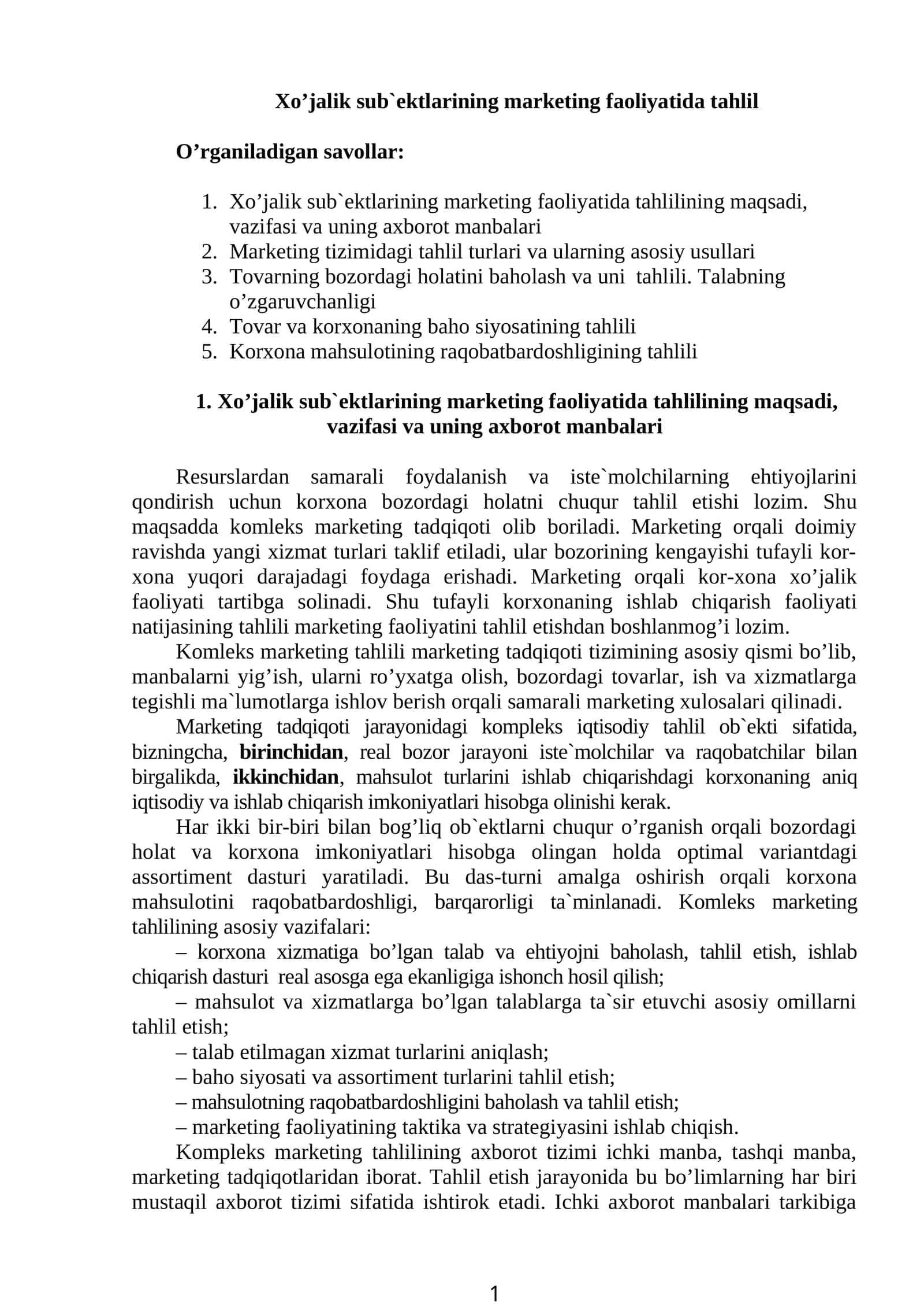 Xo’jalik sub`ektlarining marketing faоliyatida tahlil 1