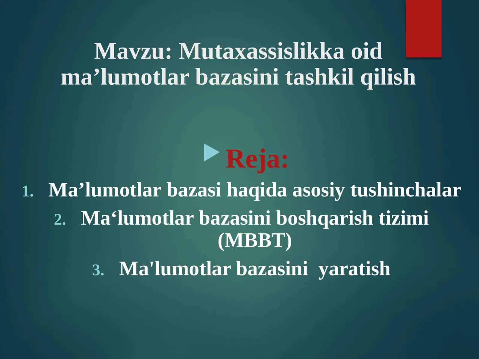 Mutaxassislikka oid ma’lumotlar bazasini tashkil qilish 1