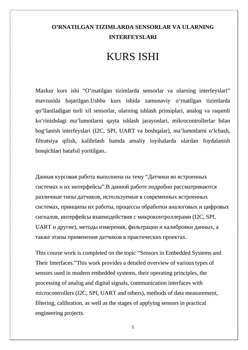 O’RNATILGAN TIZIMLARDA SENSORLAR VA ULARNING INTERFEYSLARI 1