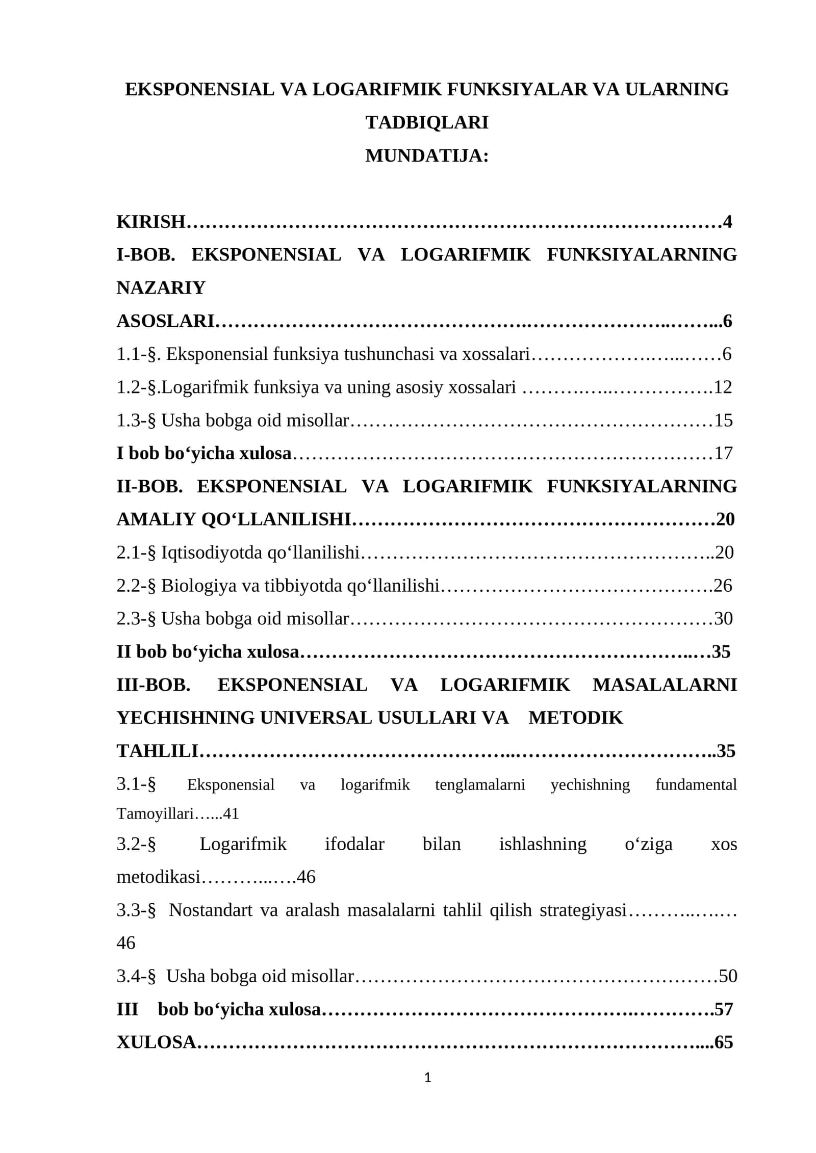 EKSPONENSIAL VA LOGARIFMIK FUNKSIYALAR VA ULARNING TADBIQLARI 1