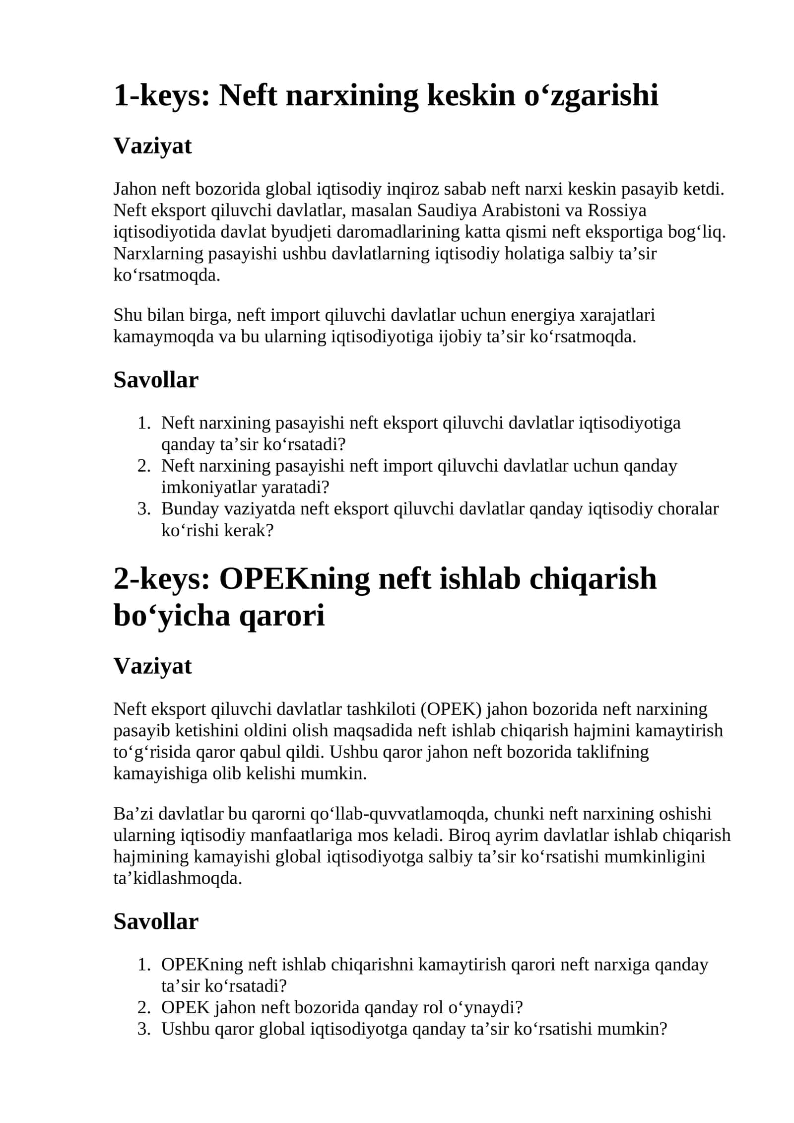 Neft narxining keskin o‘zgarishi 1
