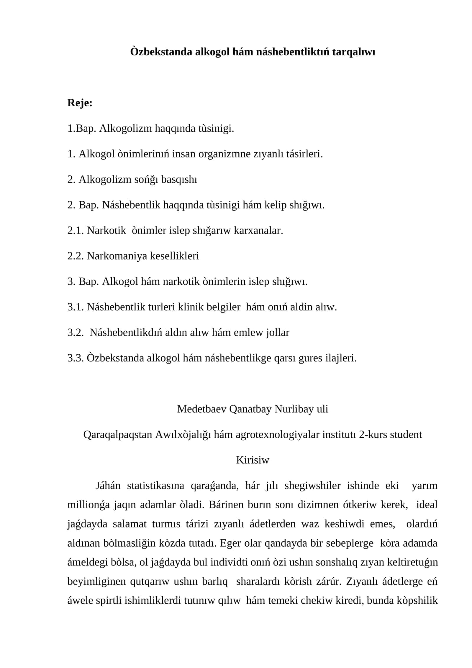 Òzbekstanda alkogol hám náshebentliktıń tarqalıwı 1