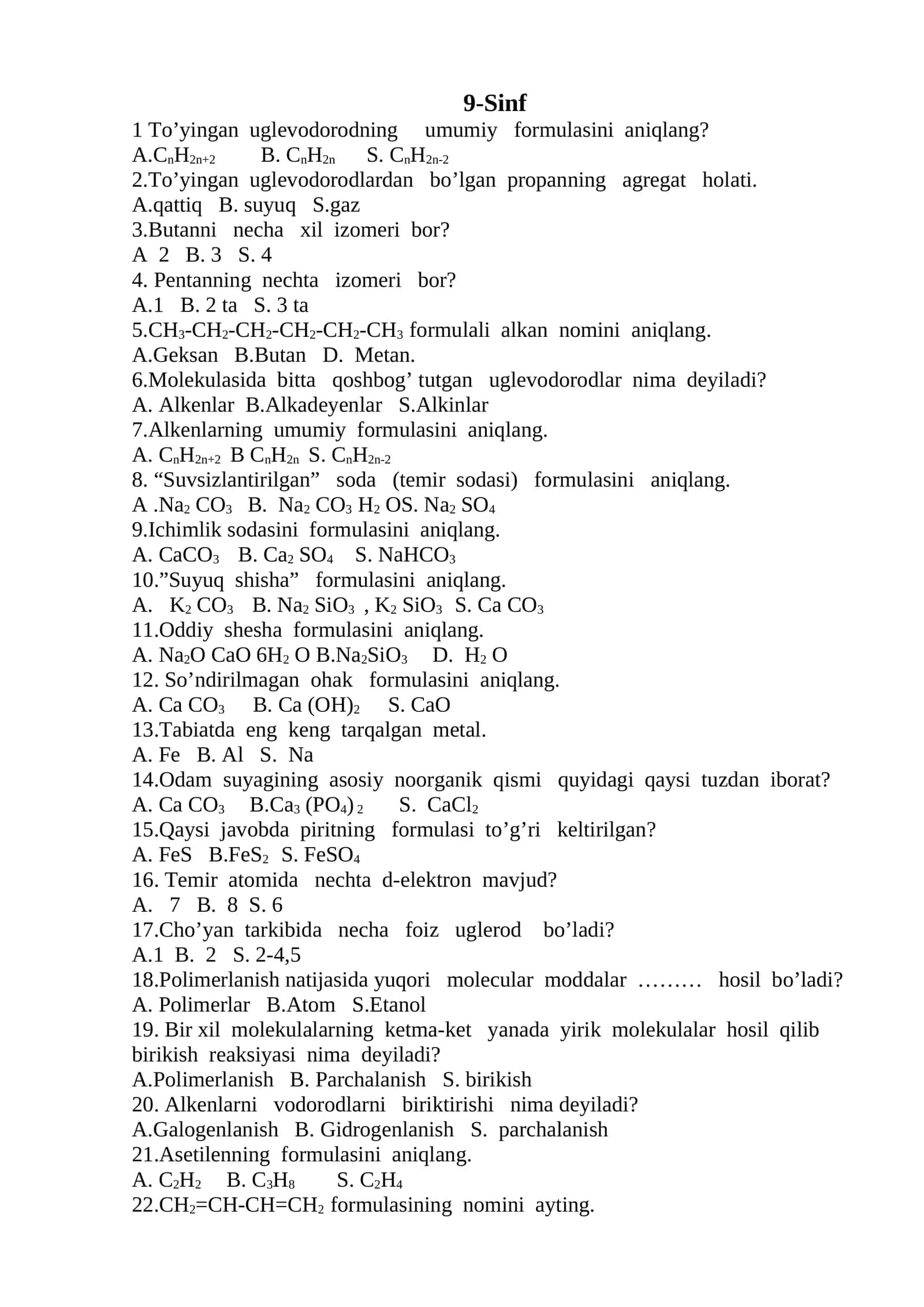 Fizika fanidan 9-Sinf test 1