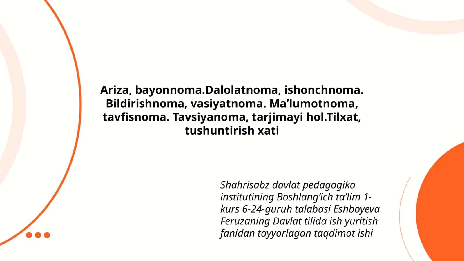 Davlat tilida ish yuritish fanidan tayyorlagan taqdimot ishi 1