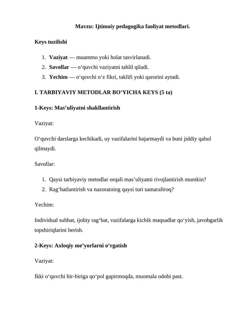 Ijtimoiy pedagogika faoliyat metodlari 1