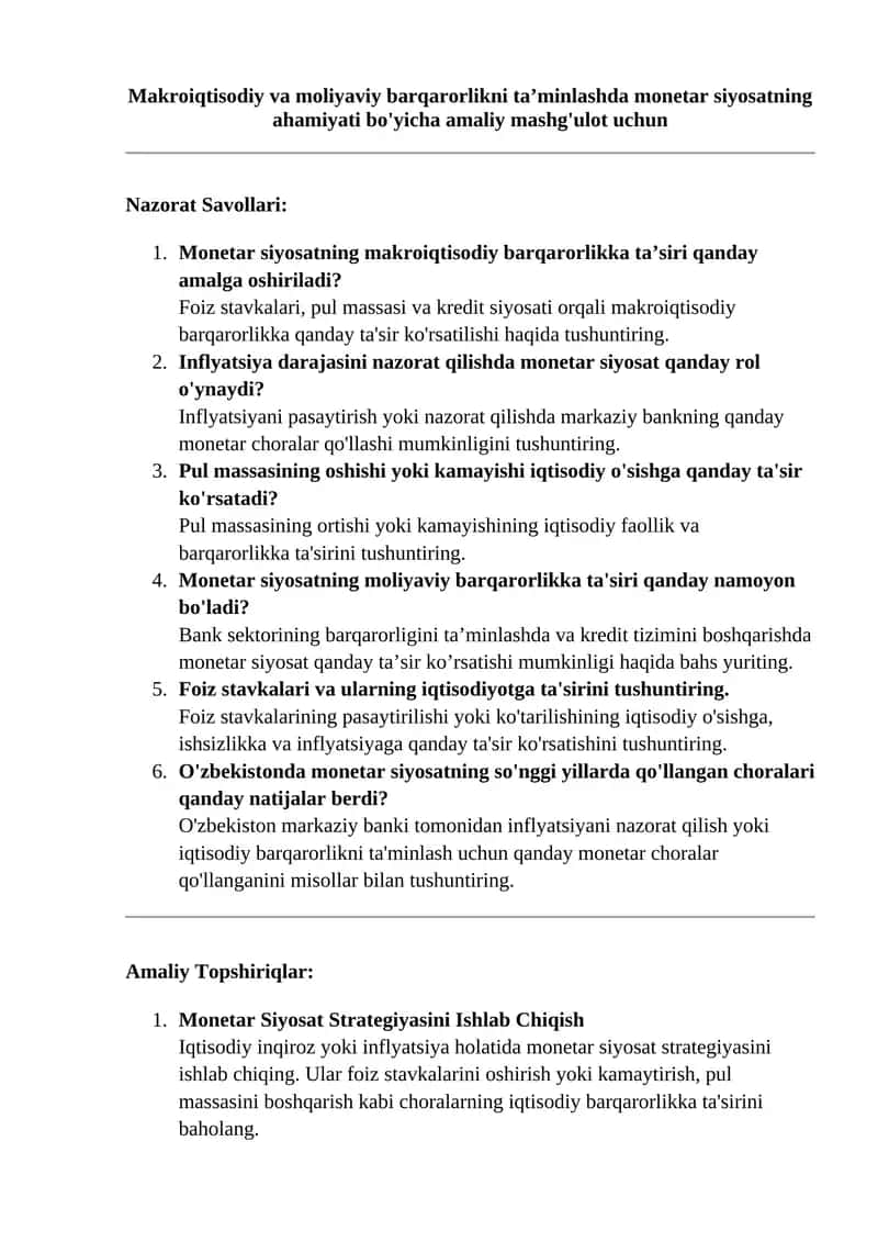Monetar siyosatning ahamiyati va amaliyot 1
