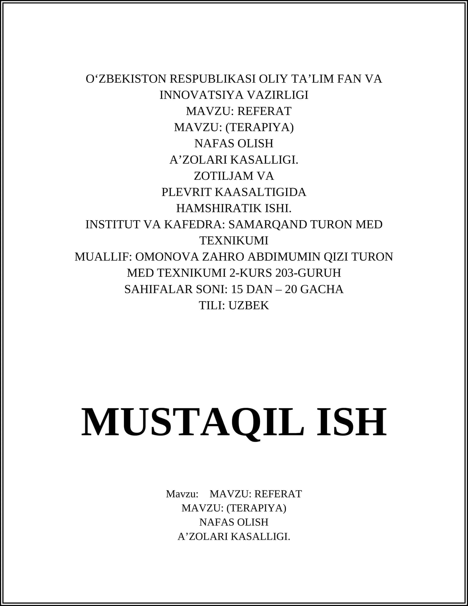 NAFA OLISH .. A'ZOLARI KASALLIGI 1
