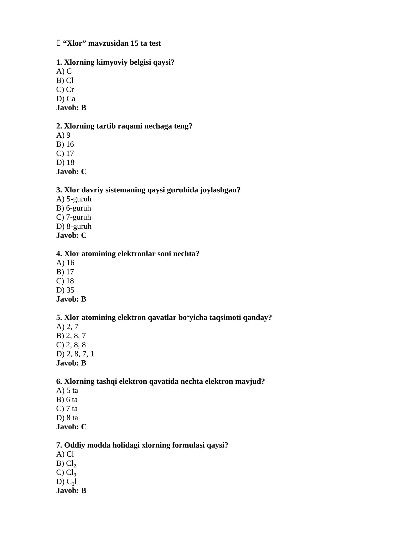 Xlor mavzusidan 15 ta test 1