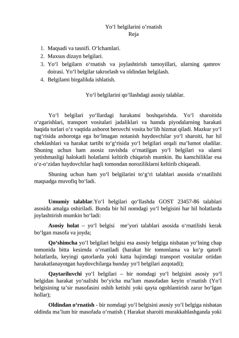 Yo‘l belgilarini o’rnatish 1