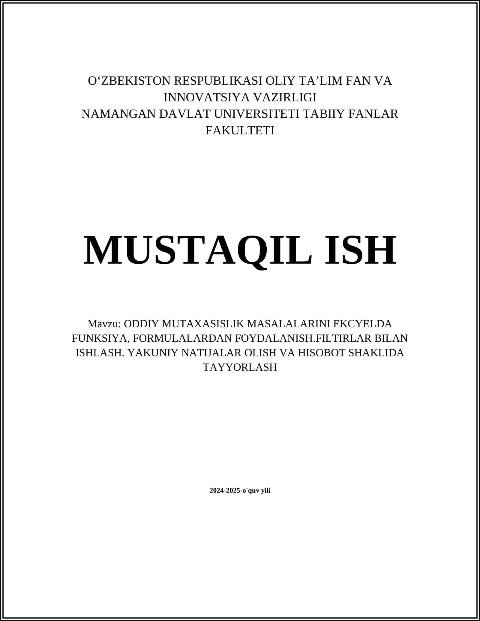 Excelda funksiyalardan foydalanish asoslari 1