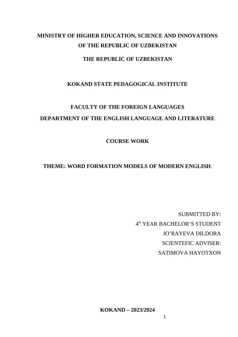 WORD FORMATION MODELS OF MODERN ENGLISH 1