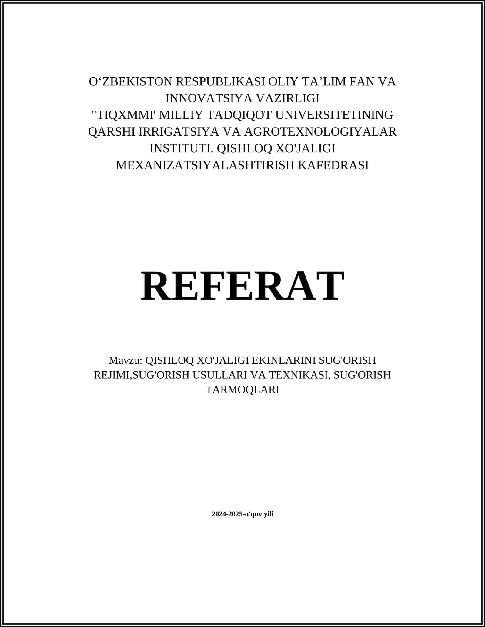 QISHLOQ XO'JALIGI EKINLARINI SUG'ORISH REJIMI 1