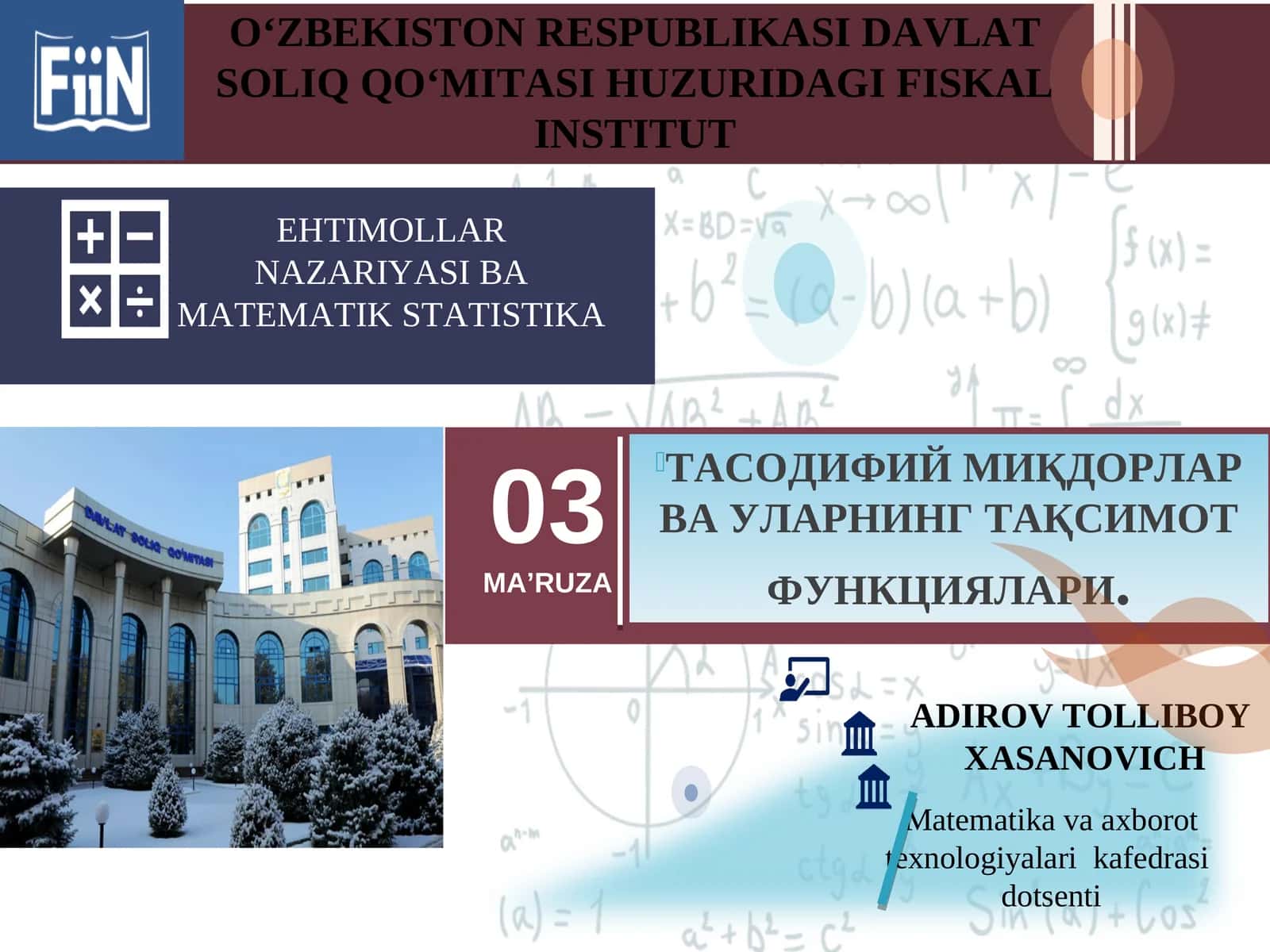 EHTIMOLLAR NAZARIYASI BA MATEMATIK STATISTIKA 1