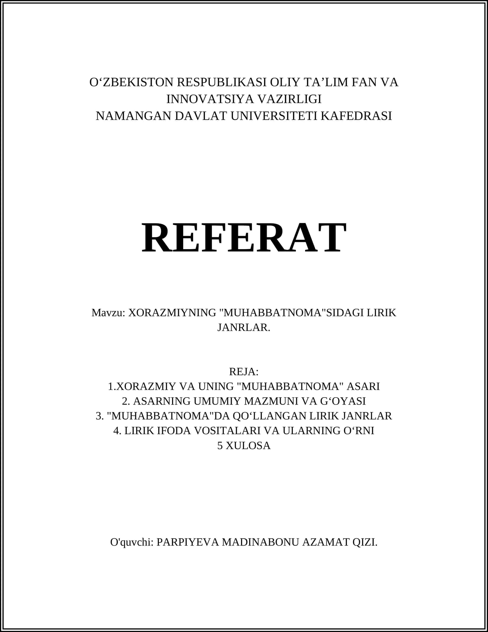 XORAZMIYNING "MUHABBATNOMA"SIDAGI LIRIK JANRLAR 1