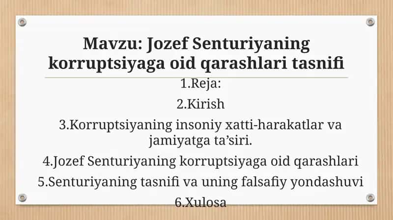 Jozef Senturiyaning korruptsiyaga oid qarashlari tasnifi 1