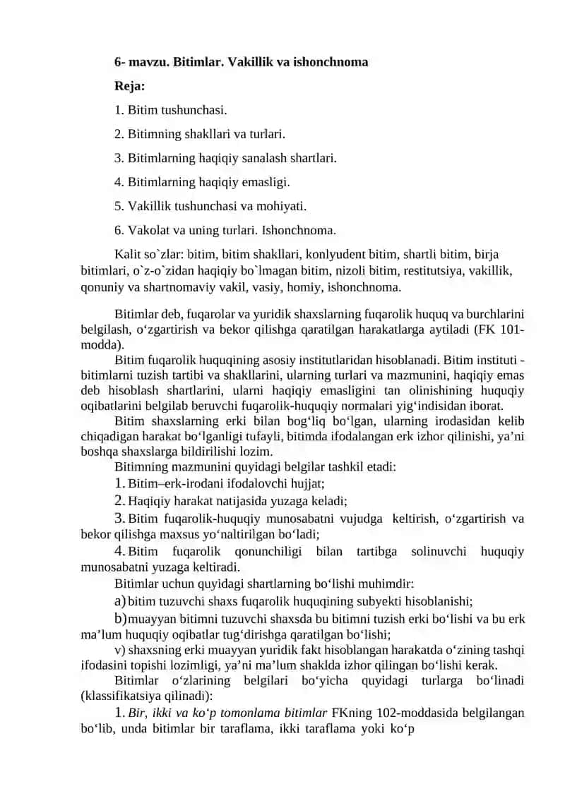 Bitimlar. Vakillik va ishonchnoma