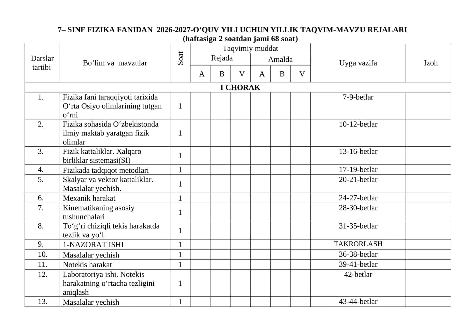 7-sinf fizika fanidan ish reja 2026-yil. 1