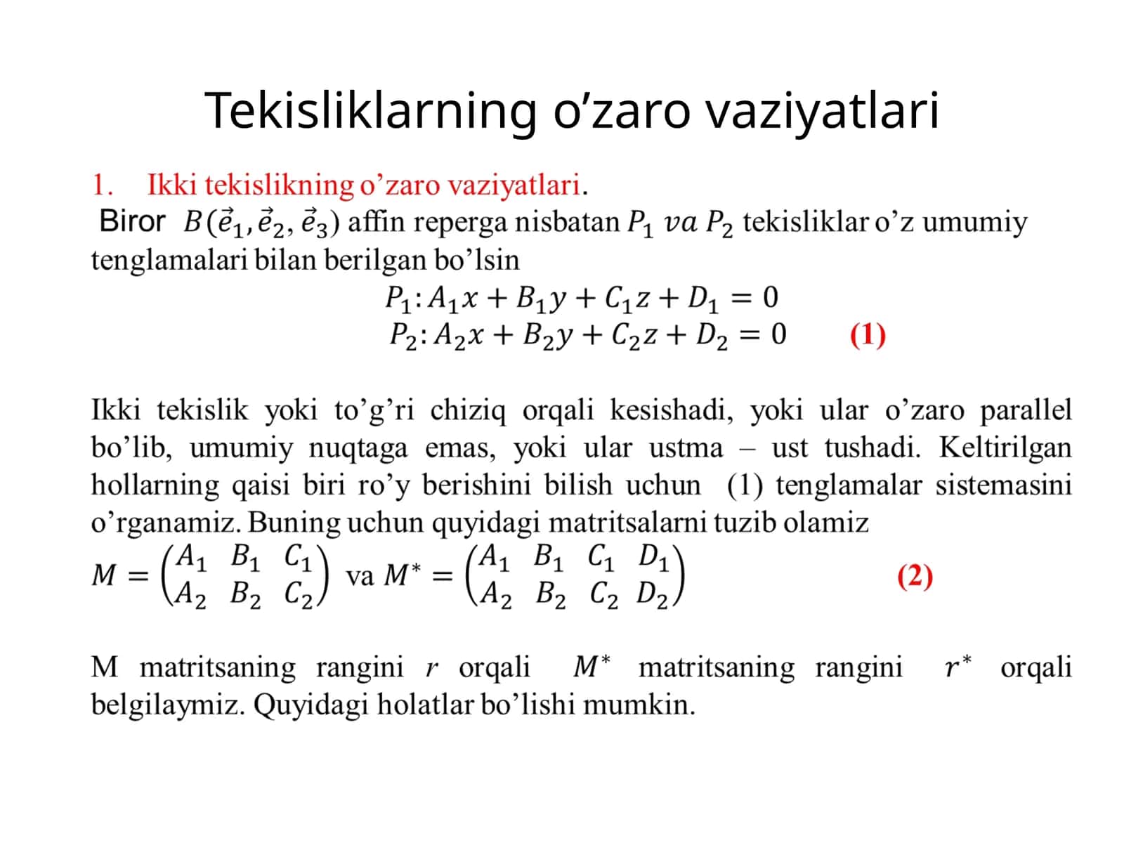 Tekisliklarning o’zarovaziyatlari 1