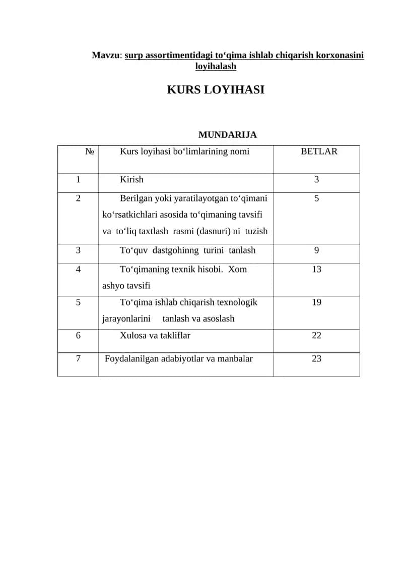 Surp assortimentidagi to‘qima ishlab chiqarish korxonasini loyihalash 1