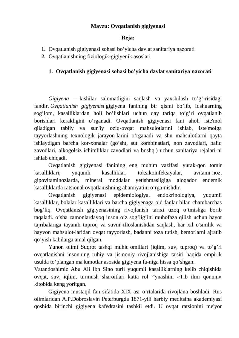 Ovqatlanish gigiyenasi 1