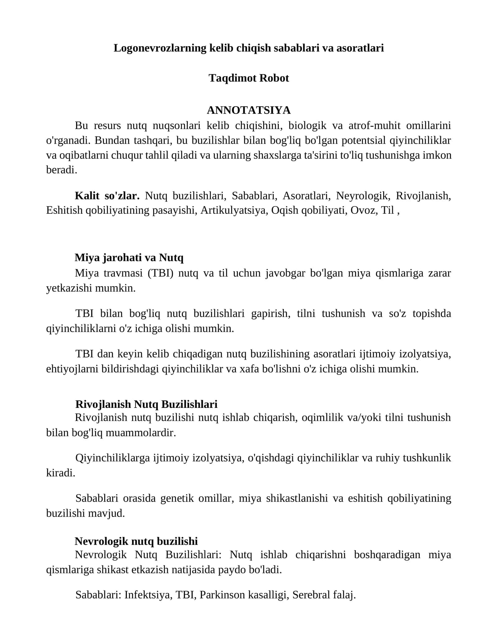 Logonevrozlarning kelib chiqish sabablari va asoratlari 1