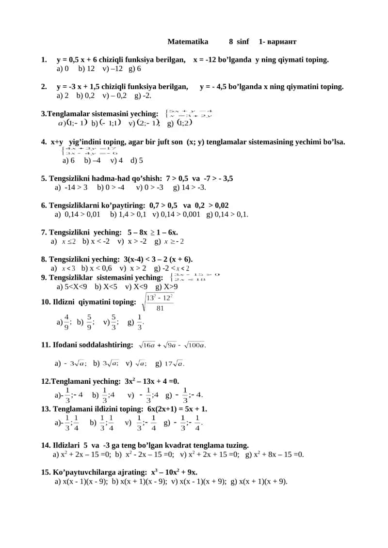 Matematika 8 sinf test 1