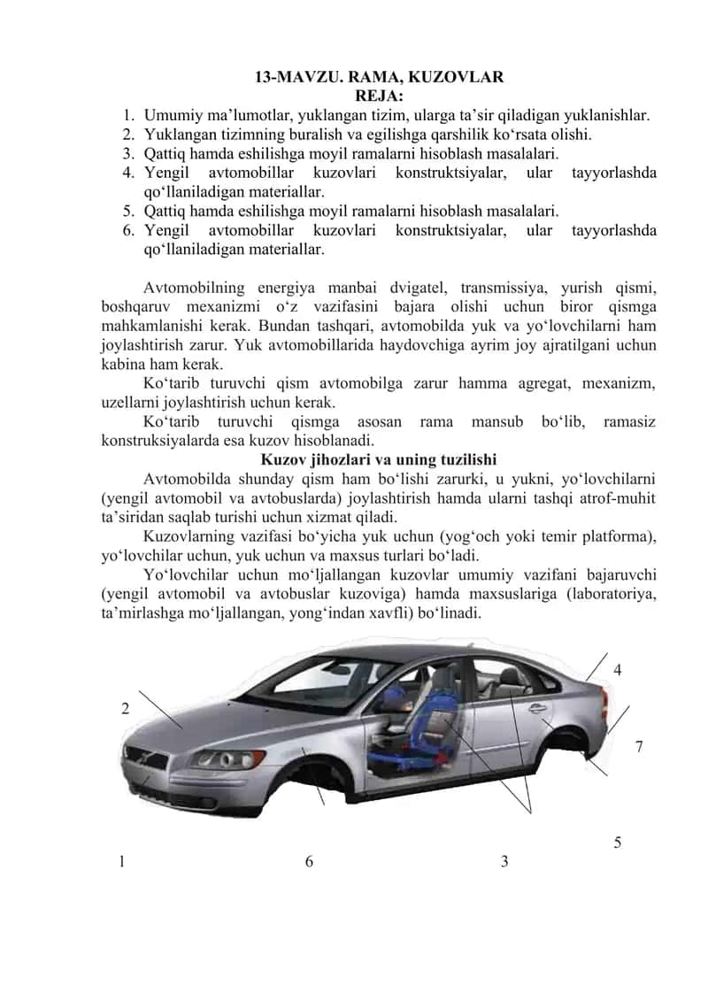 Yengil avtomobillar kuzovlari konstruktsiyalari 1