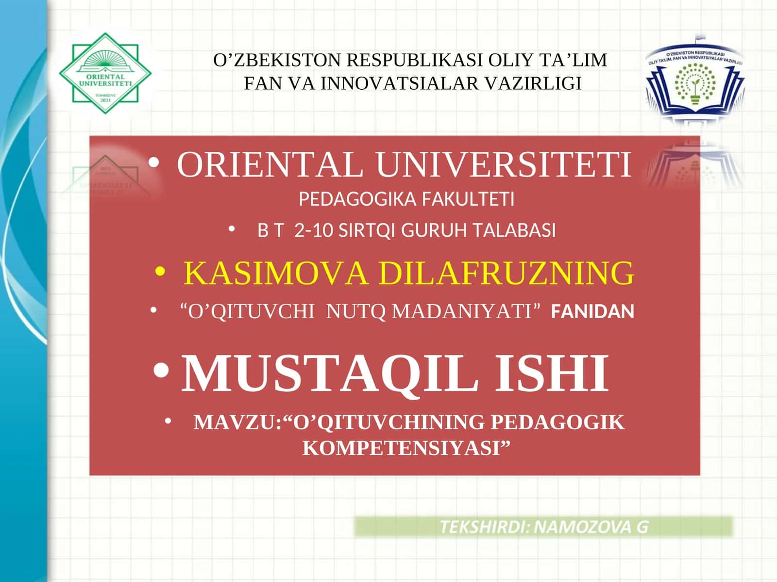 O’QITUVCHINING PEDAGOGIK KOMPETENSIYASI 1