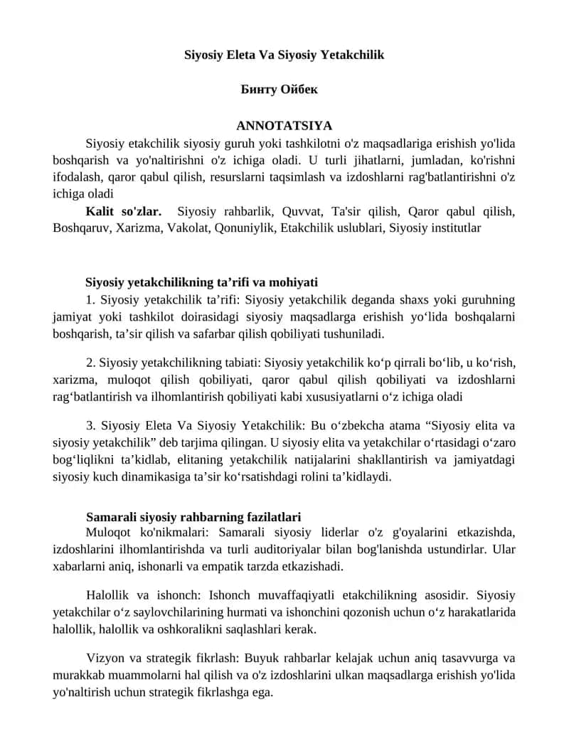 Siyosiy Eleta Va Siyosiy Yetakchilik 1