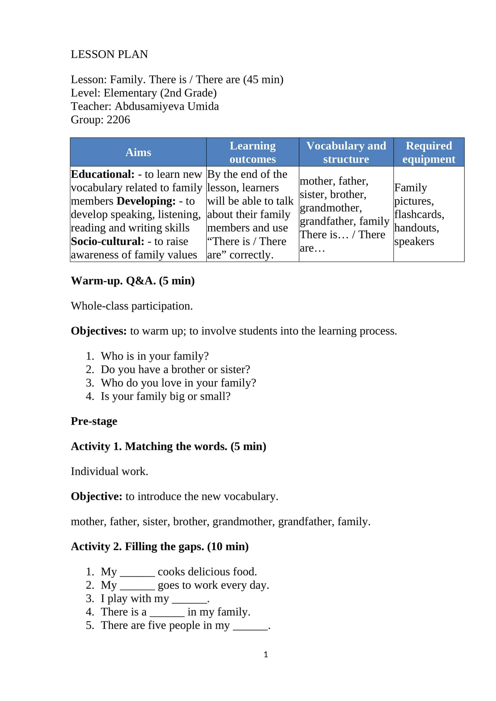 Lesson Plan: Family. There is / There are (45 min) 1