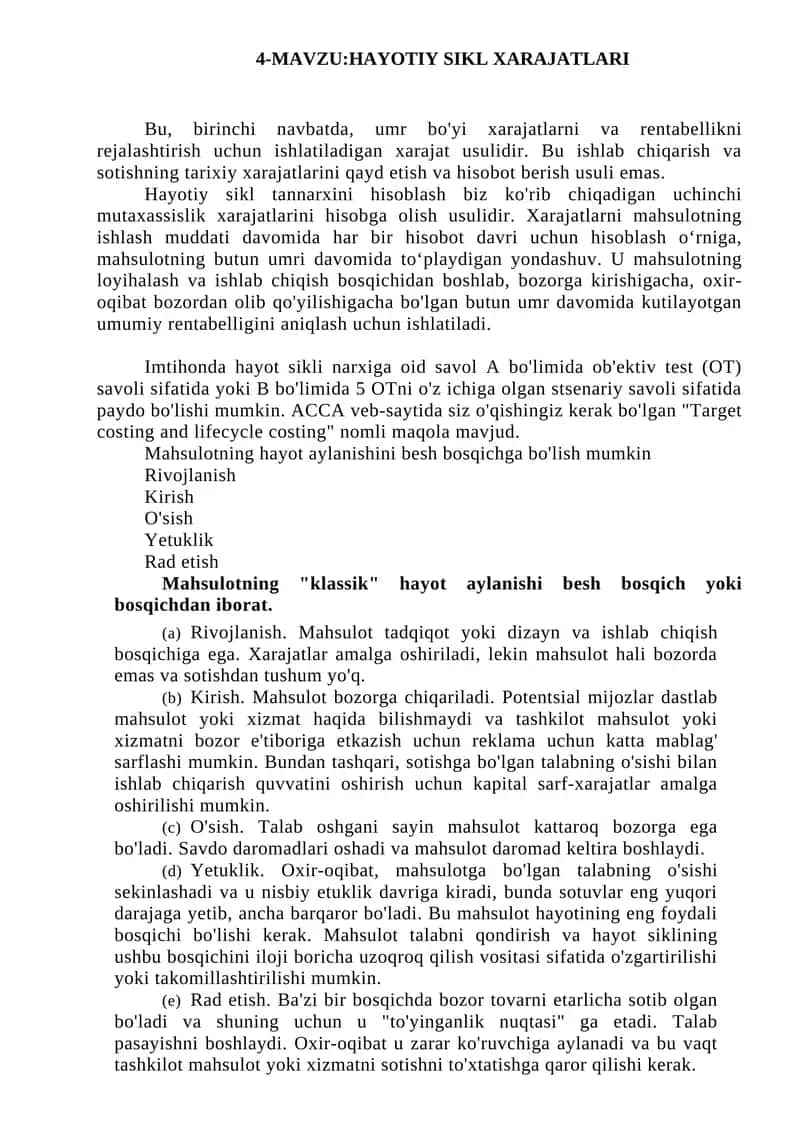 HAYOTIY SIKL XARAJATLARI 1