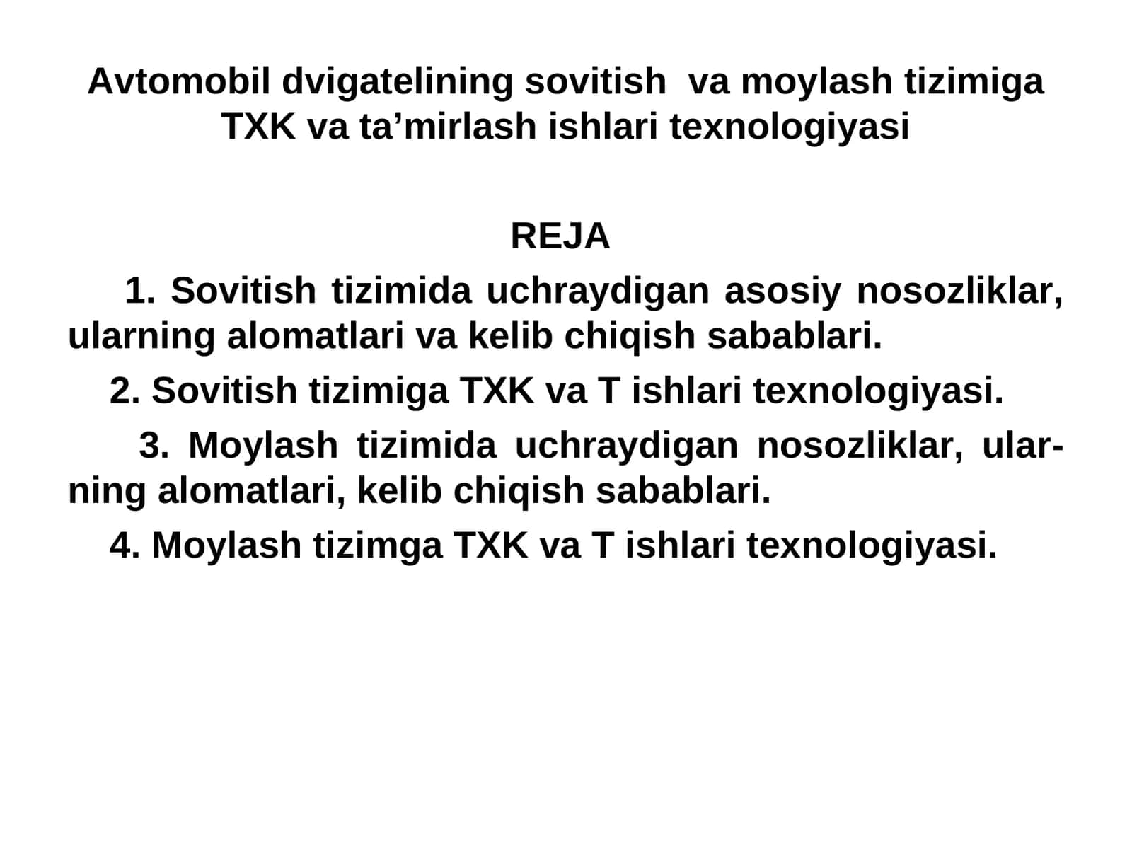 Avtomobil dvigatelining sovitish va moylash tizimiga TXK va ta’mirlash ishlari texnologiyasi 1