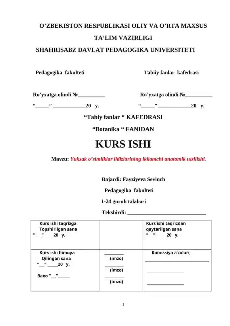Yuksak o’simliklar ildizlarining ikkamchi anatomik tuzilishi