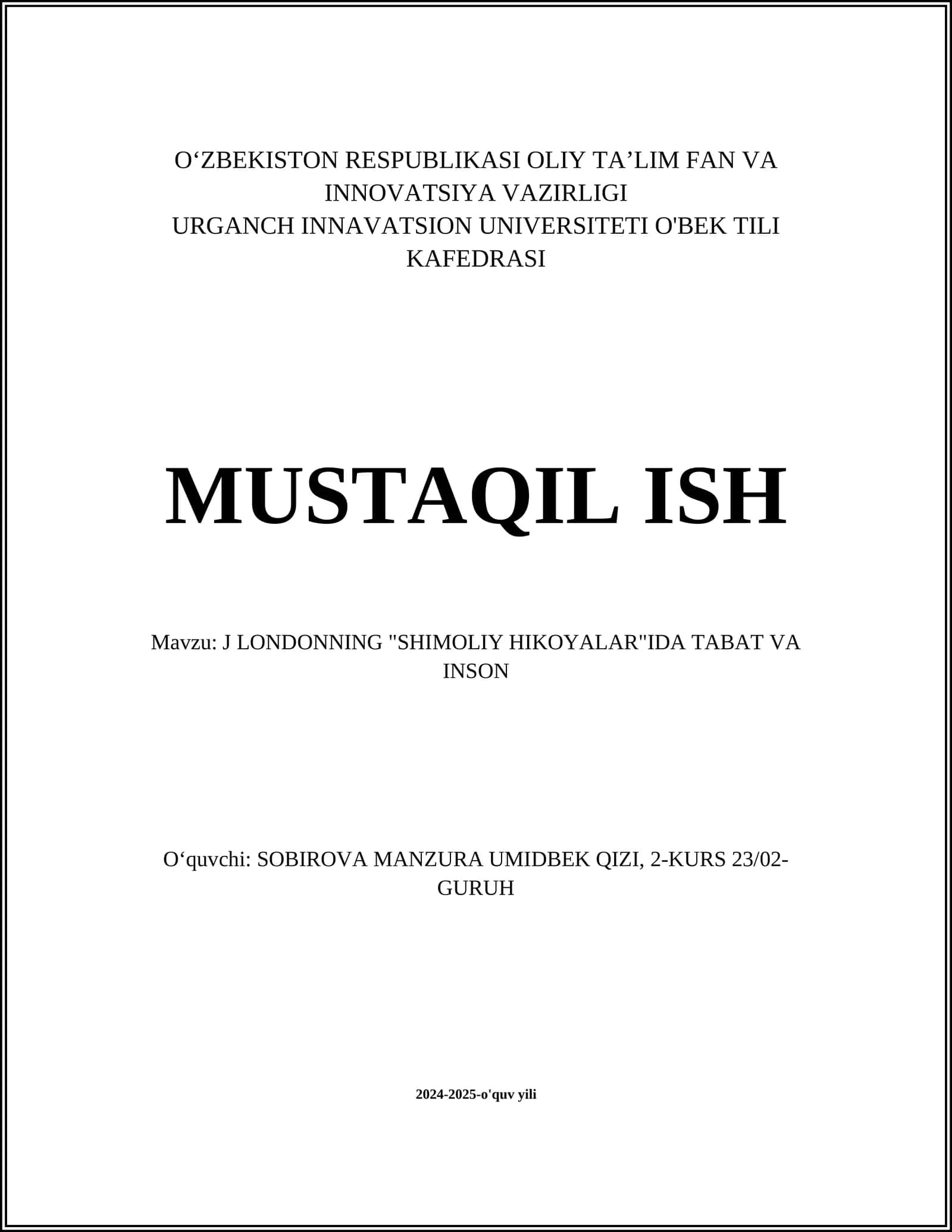 J LONDONNING "SHIMOLIY HIKOYALAR"IDA TABAT VA INSON 1
