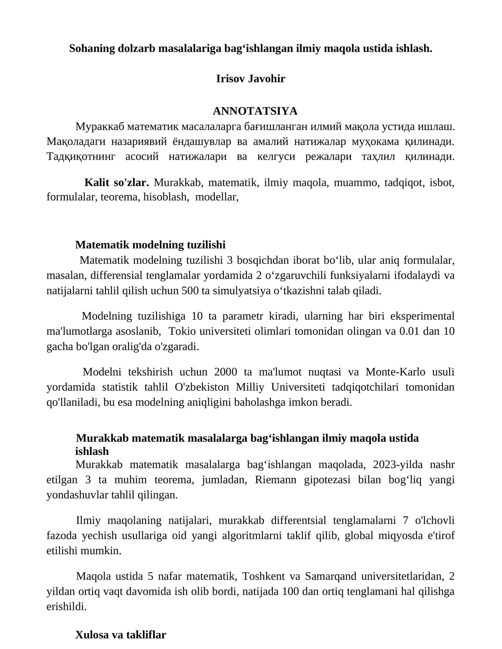 Matematik modelning tuzilishi 1