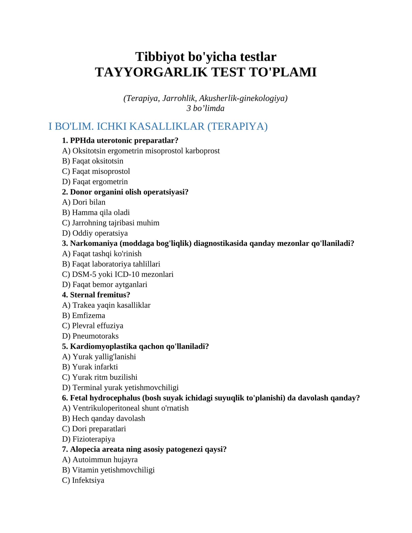 Tibbiyot bo'yicha testlar 1
