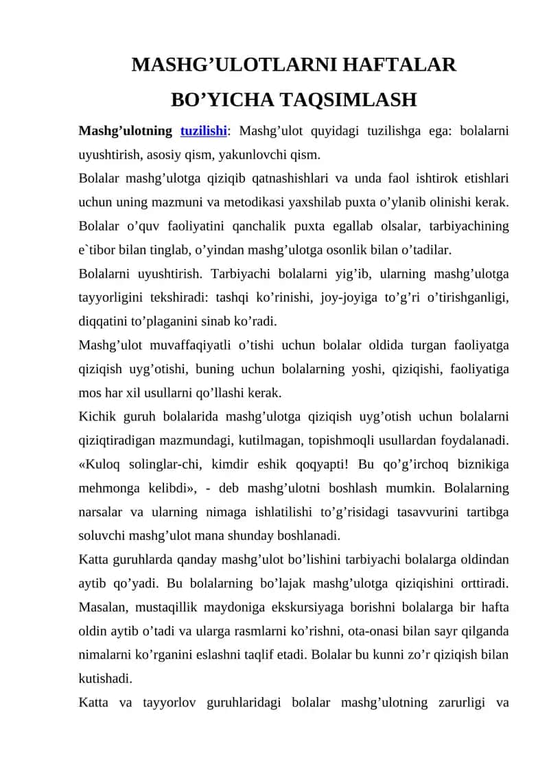 Mashg’ulotlarni haftalar bo’yicha taqsimlash 1