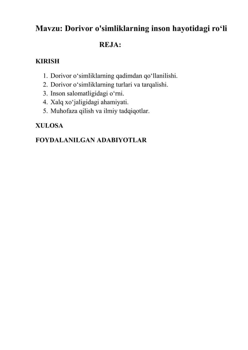 Dorivor o'simliklarning inson hayotidagi roli 1