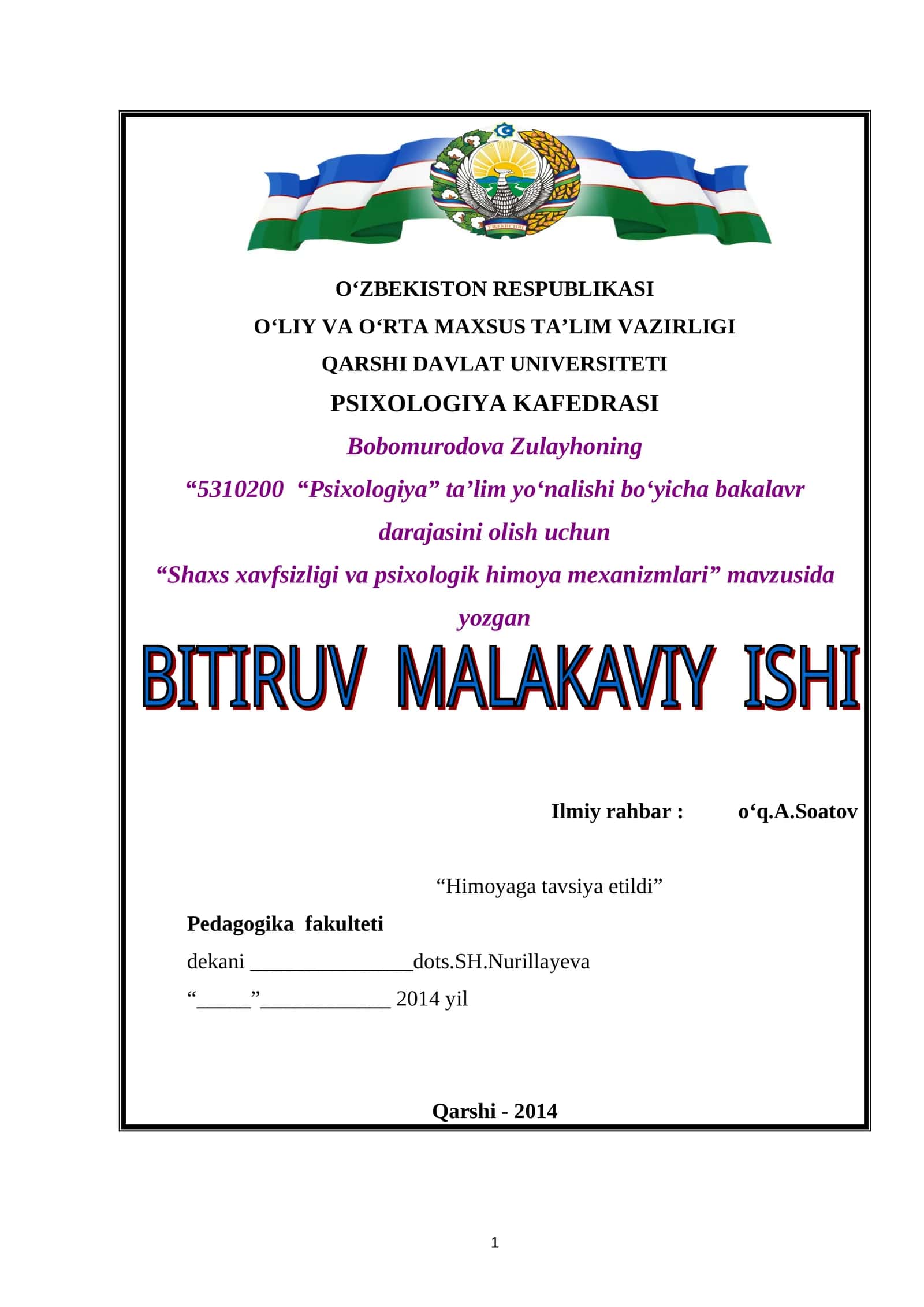Shaxs xavfsizligi va psixologik himoya mexanizmlari 1