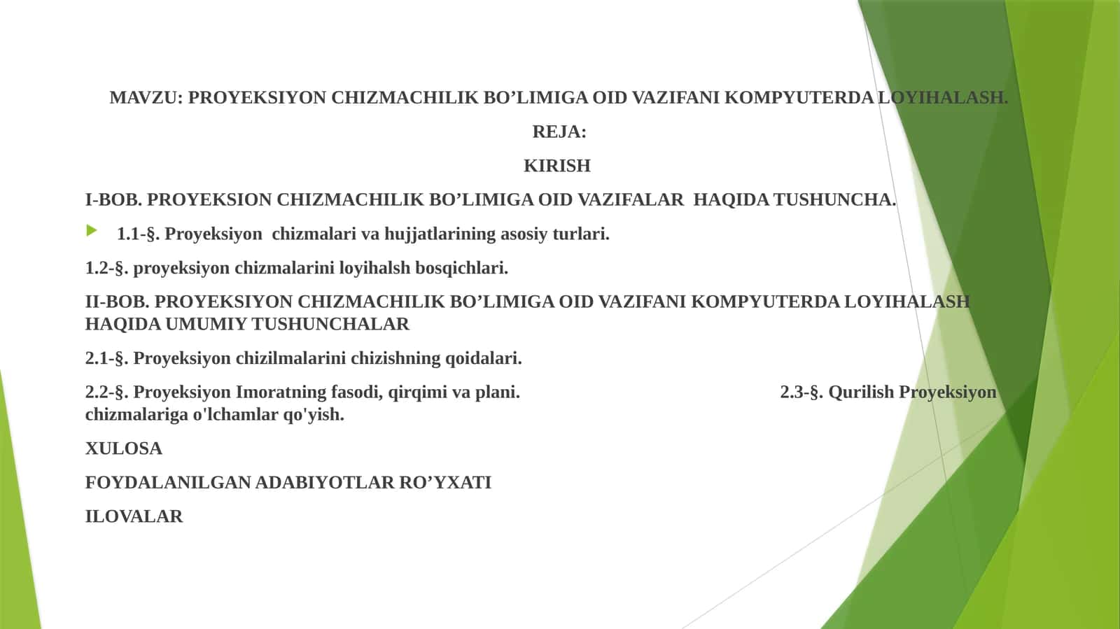 PROYEKSIYON CHIZMACHILIK BO’LIMIGA OID VAZIFANI KOMPYUTERDA LOYIHALASH 1
