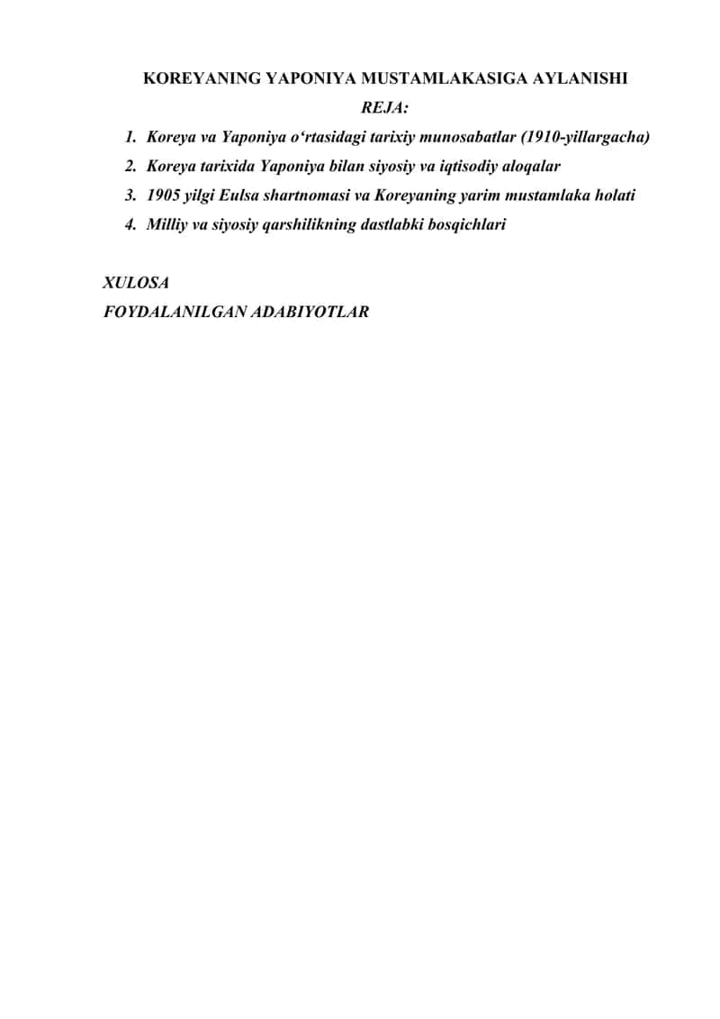 KOREYANING YAPONIYA MUSTAMLAKASIGA AYLANISHI 1