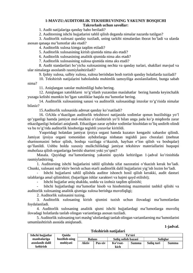 AUDITORLIK TEKSHIRUVINING YAKUNIY BOSQICHI 1